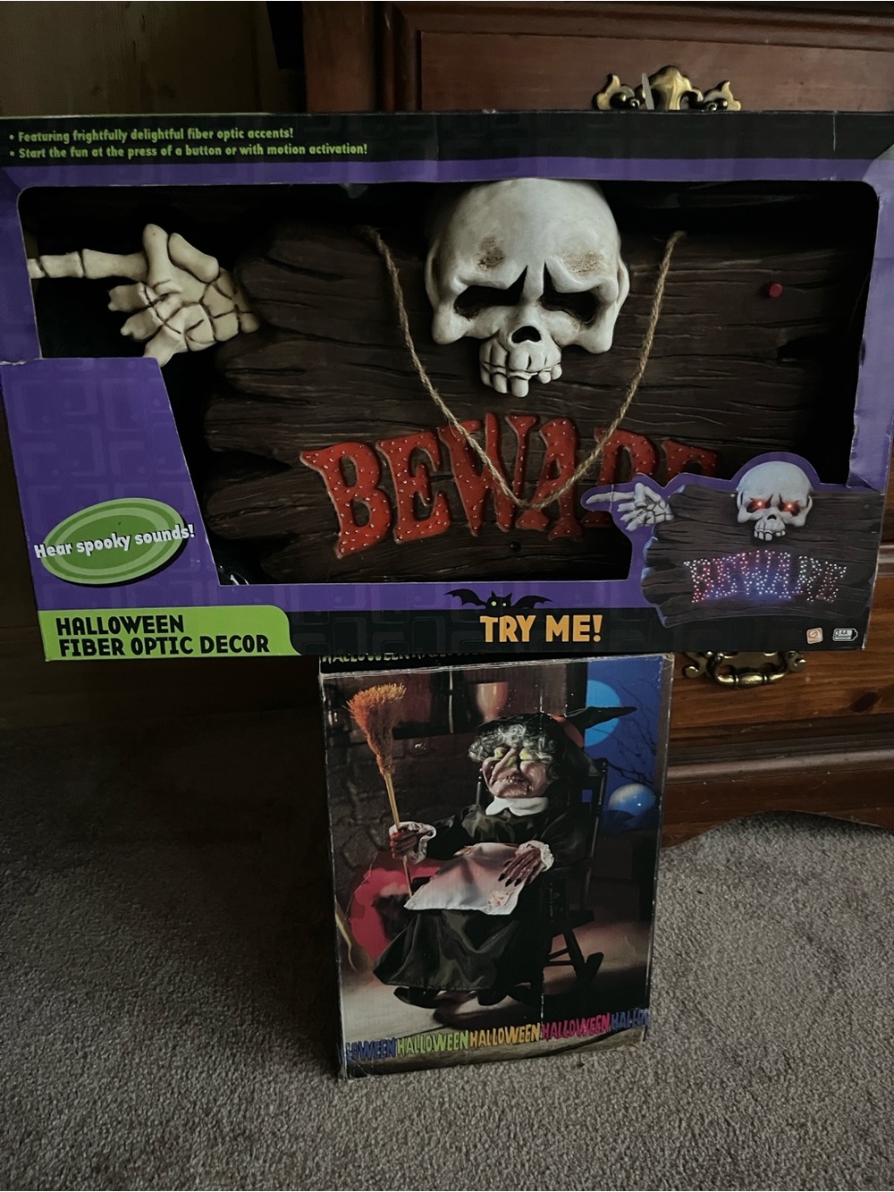 Halloween Fiber Optic 'Beware' Skull Sign and 16inch rocking witch